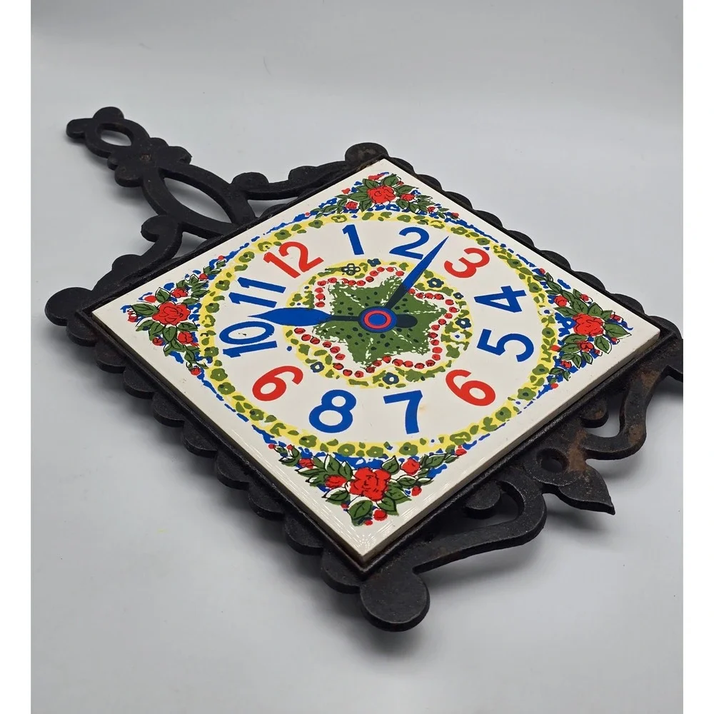 Vintage Lobeco Wall Clock Cast Iron Trivet 10.5in White Tile Retro Floral Japan